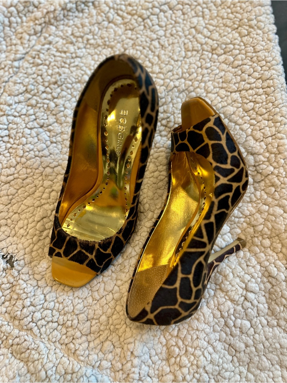 Giraffe Print Peep-Toe High Heels - Gold Accents BCBGirls Vintage